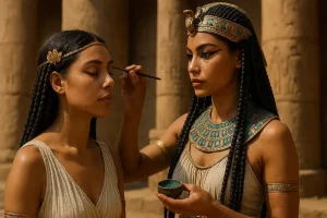Two women in ancient Egypt, one applying kohl to the other in front of a grand temple.