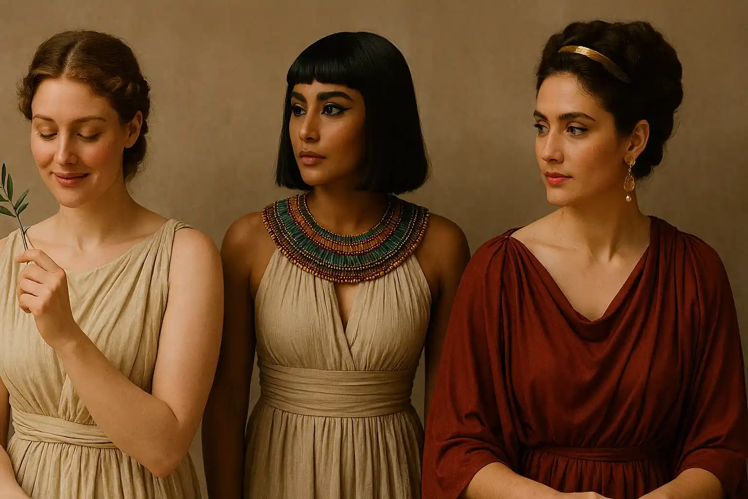 Three women from ancient Greece, Egypt, and Rome, each representing the unique beauty ideals of their civilizations.