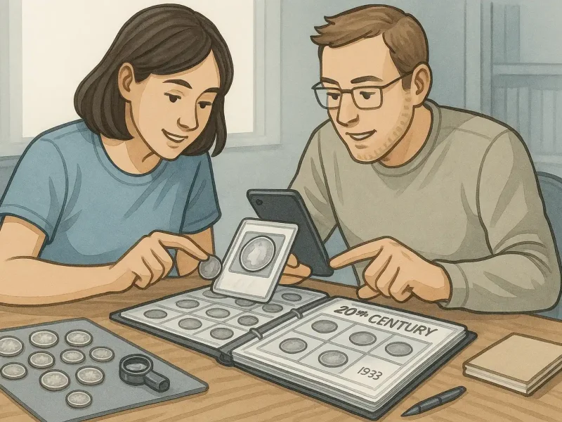 Two numismatists observe new belongings in their collections.