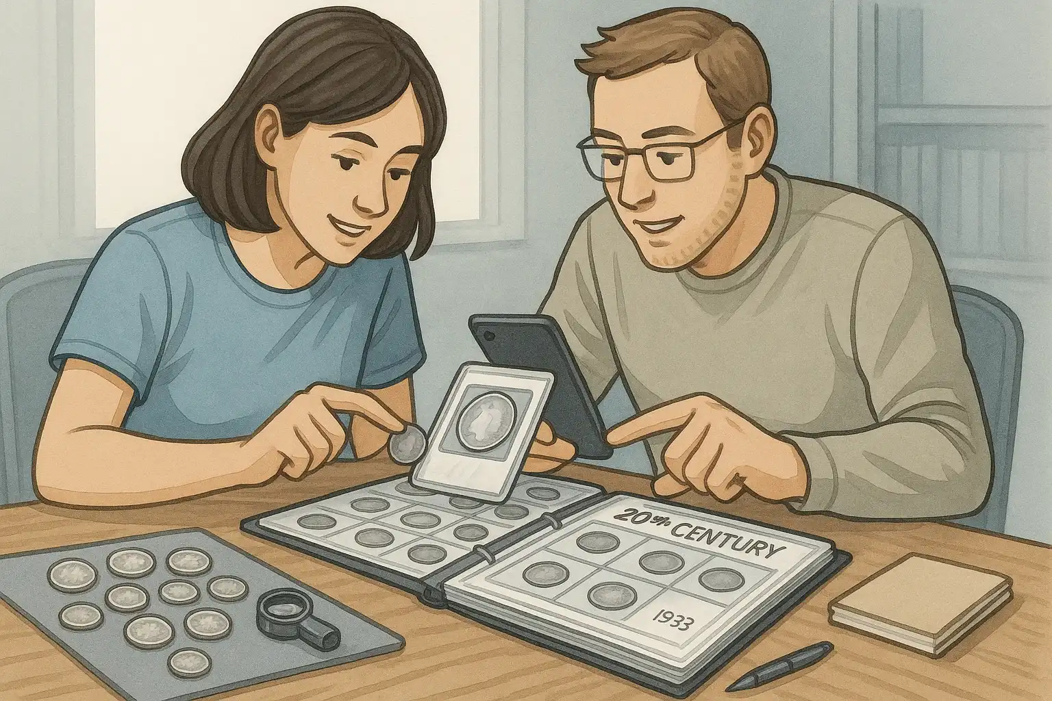 Two numismatists observe new belongings in their collections.