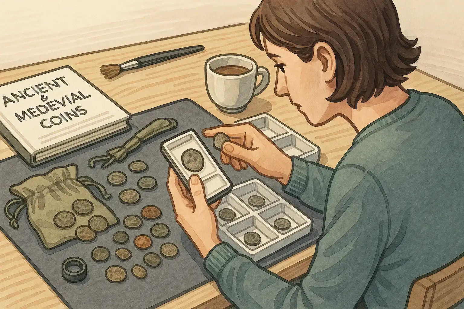 A hobbyist sorts medieval coins in her collection.