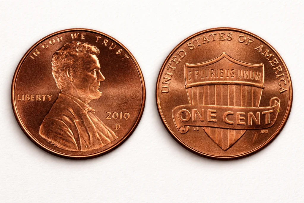 Close-up of 2010 Lincoln Shield cent obverse and reverse.