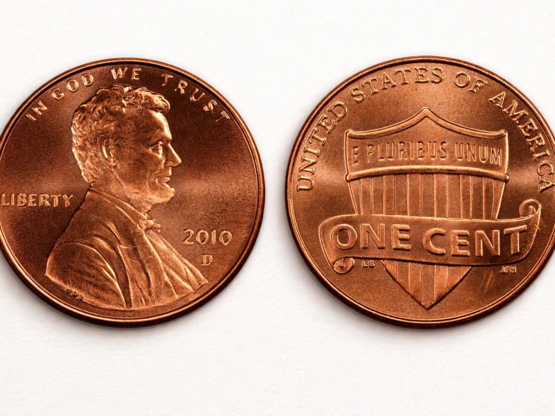 Close-up of 2010 Lincoln Shield cent obverse and reverse.